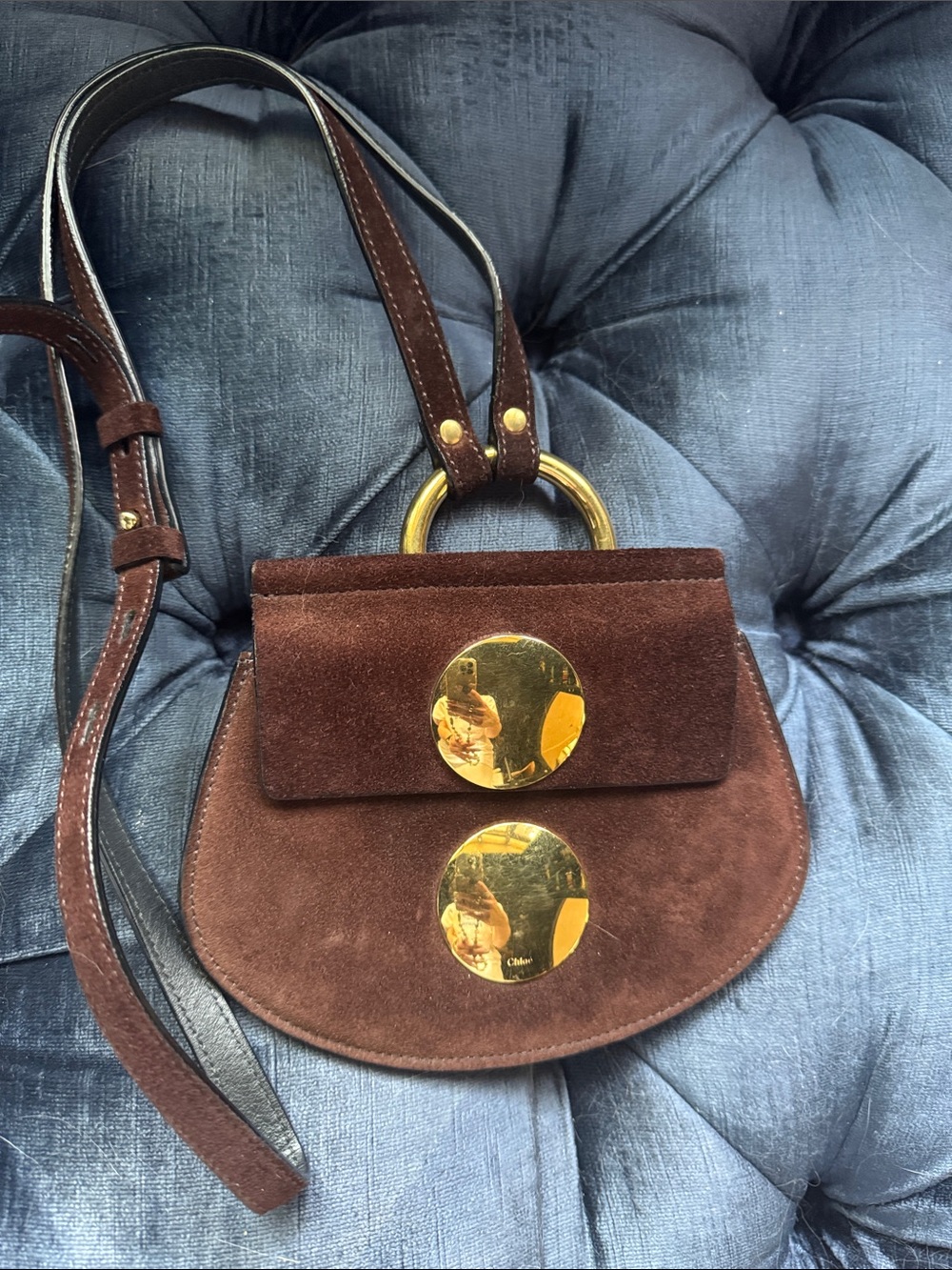 Chloe Brown Suede Mini Shoulder Bag/belt with Gold Discs